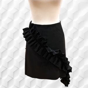 Alpha Omega straight with ruffled accent front black mini skirt Sz L